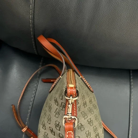 AUTHENTIC Dooney & Bourke Brown and Hunter Green Monogram Satchel - Picture 4 of 13